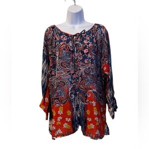 Johnny Was Lumamo Ingrid Tie Neck Blue Red paisley Tunic Blouse Top Large